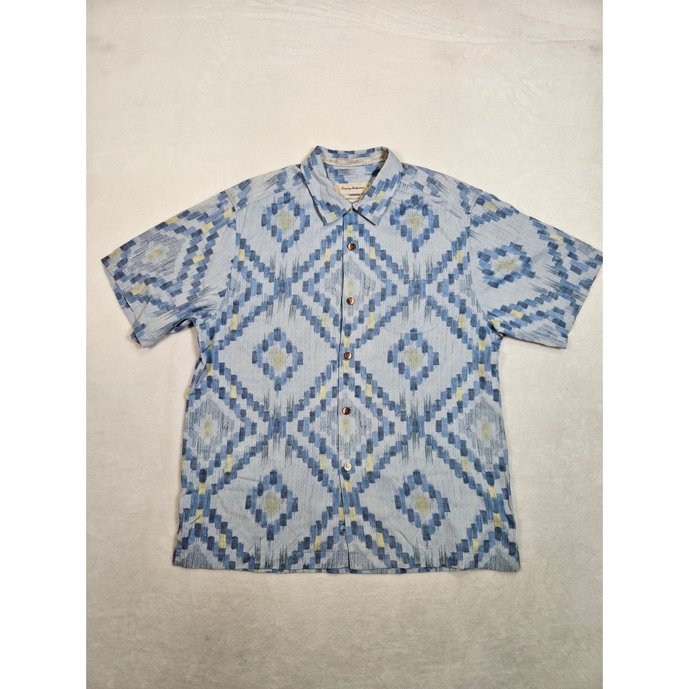 Tommy Bahama Mens M Silk Button Up Shirt Blue Geometric Diamond Original Fit